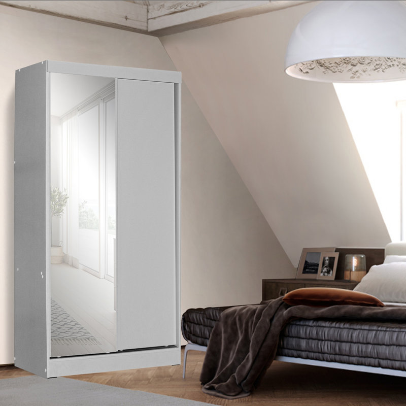 Leylani Sliding Doors Full Body Mirror Wardrobe with 2 Drawers Ebern Designs Color Light Gray